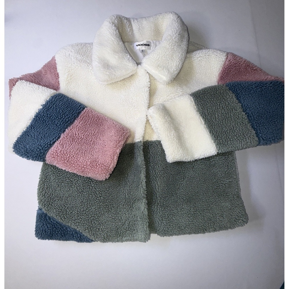 Vigoss Color‎ Block Sherpa Jacket Collared Women's Snap Buttons Large Multicolor